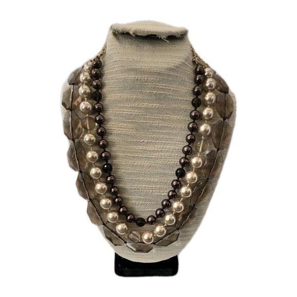Stella & Dot Triple Strands Faux Glass  Pearl & Acrylic Brown Beads Necklace - Picture 5 of 9
